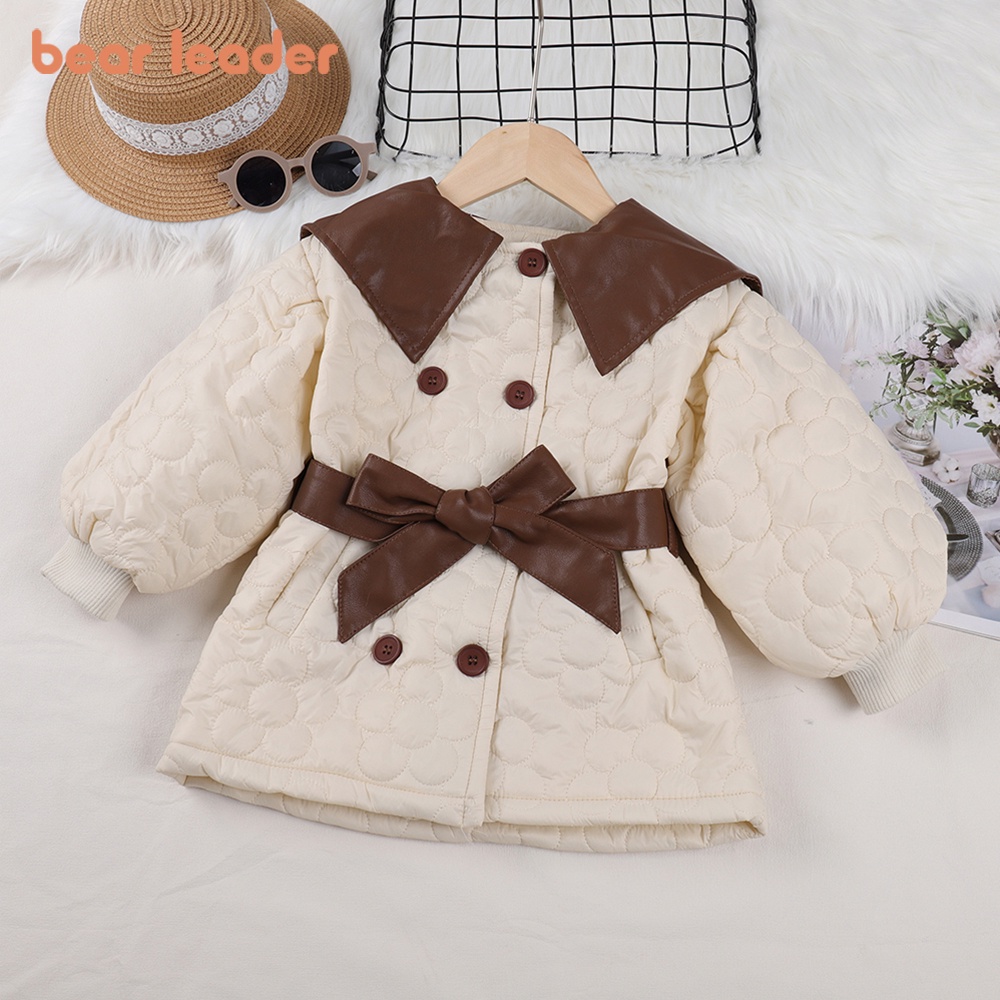Áo khoác BEAR LEADER dáng dài vải cotton lót nhung dày giữ ấm đính nơ thời trang Hàn Quốc mùa đông cho bé gái 2-6 tuổi