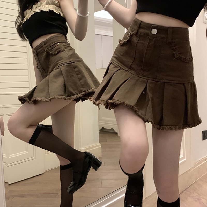 Chân váy jean Chữ A Lưng Cao Xếp Ly Xinh Xắn Dành Cho Nữ