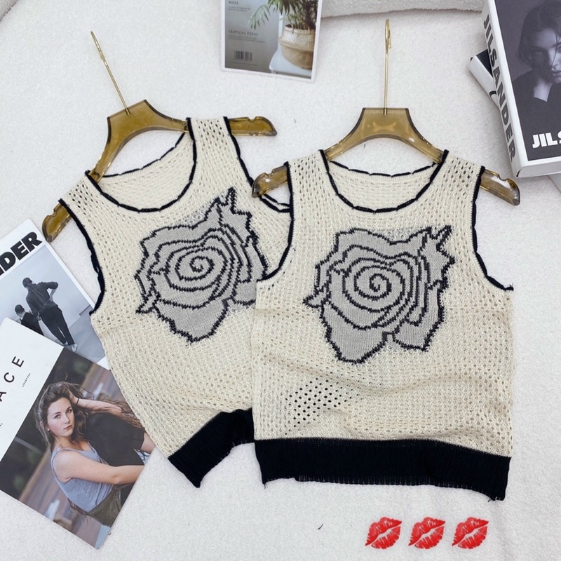 Áo len hoa sát nách viền đen, kèm ảnh thật chụp sàn