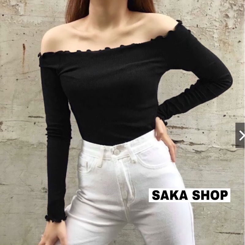 Áo croptop nữ trễ vai tay dài cuốn biên nhiều màu