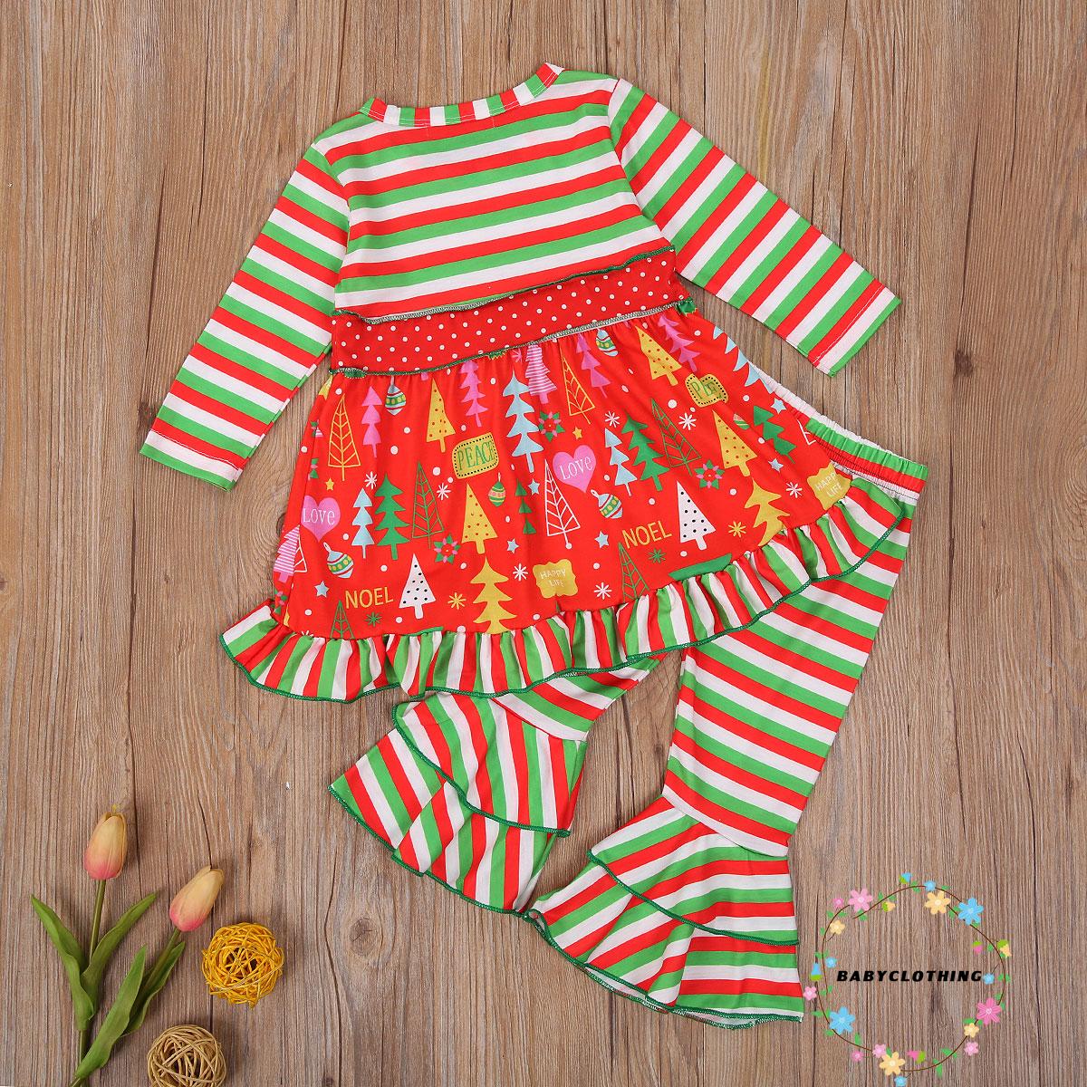 Set Áo Thun Tay Dài Phối Quần Dài Ống Loe Họa Tiết Giáng Sinh Dễ Thương Cho Bé Gái
