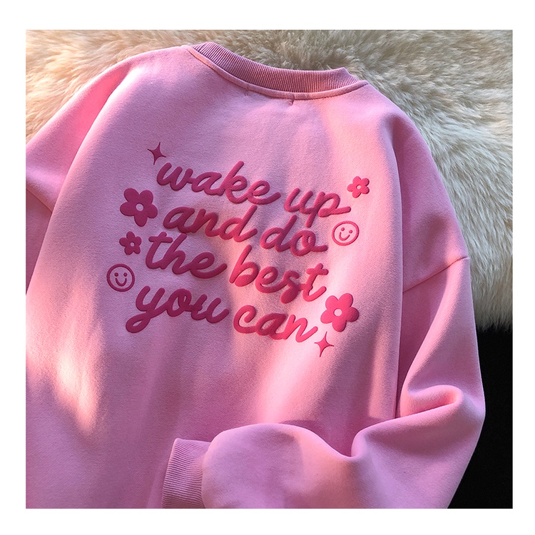 Áo sweater PEWARN cổ tròn lót nhung họa tiết hoa ngọt ngào phong cách Hồng Kông thời trang thu đông