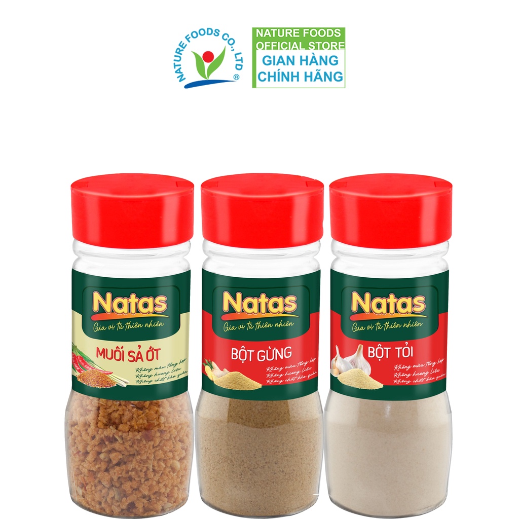 Combo gia vị ướp nướng mọi Natas: Muối sả ớt hũ 60g + Bột gừng hũ 40g + Bột tỏi hũ 65g
