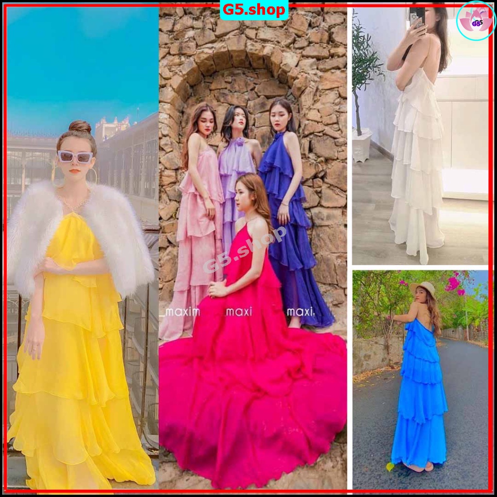axi Cổ Xích Đầm trễ vai 5 Tầng - Váy xòe đi biển chất voan 2 lớp phong cách hàn quốc du l