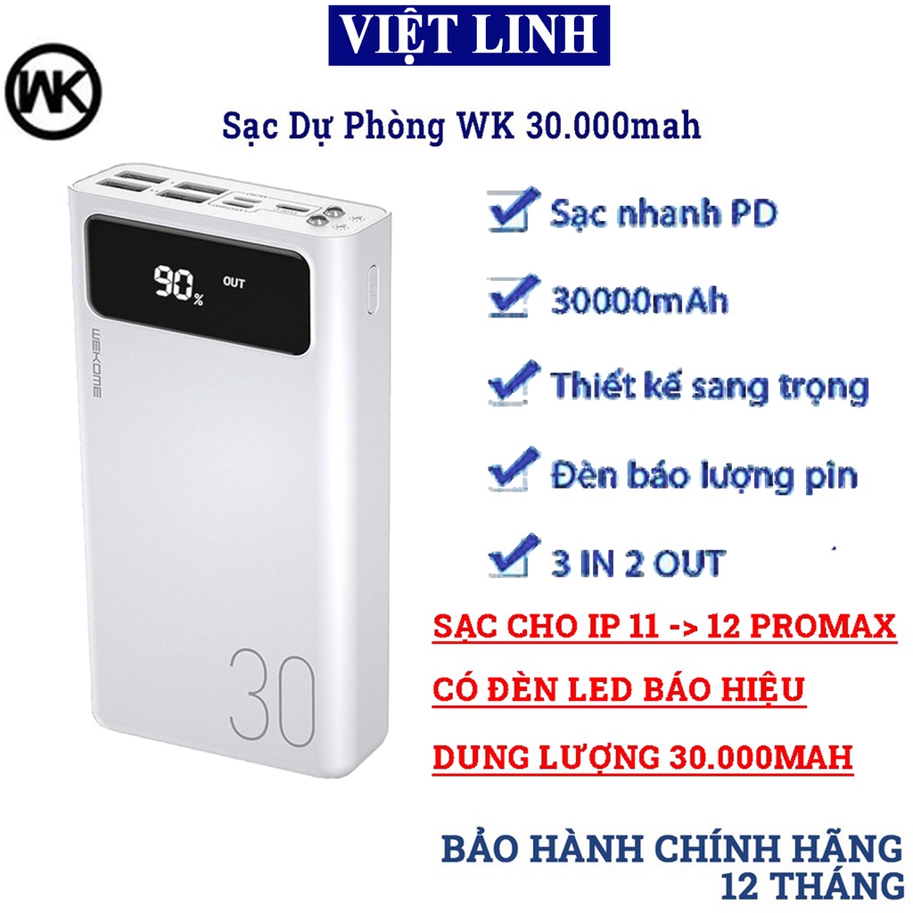 Pin sạc dự phòng 30000mah WK 175, 4 Cổng Sạc USB/TypeC/Iphone sạc đa năng - Tích hợp led - Cam kết bảo hành