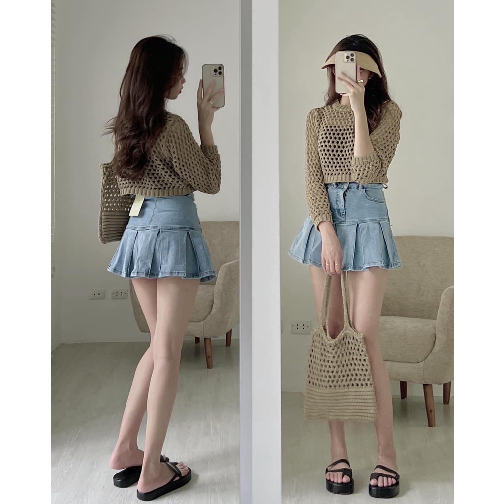 Áo len lưới tay dài dáng croptop gợi cảm sexy hiện đạiI Trần Hân Shop 1006236