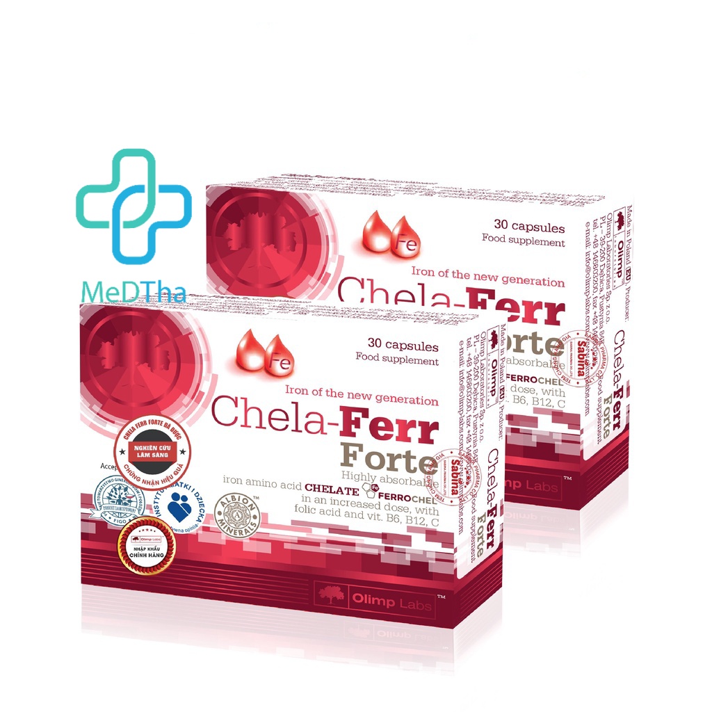 Chela-Ferr Forte - Sắt Cho Bà Bầu, Acid folic, Vitamin B, Vitamin C, Thiếu Máu (Hộp 30 Viên) [Chính Hãng Ba Lan]