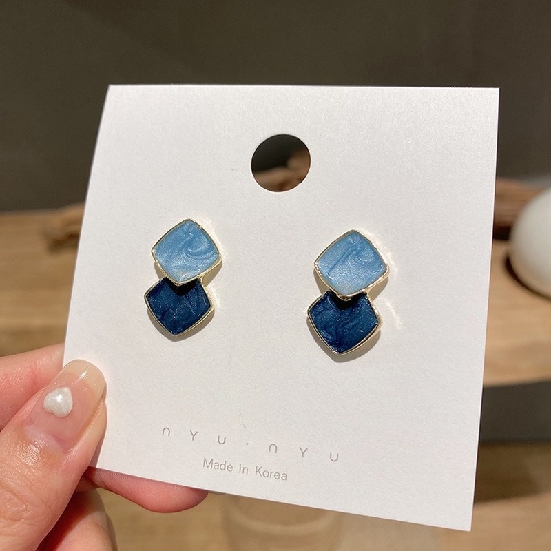 Khuyên tai hình vuông màu xanh dương phong cách Pháp mùa thu đông cho nữ
