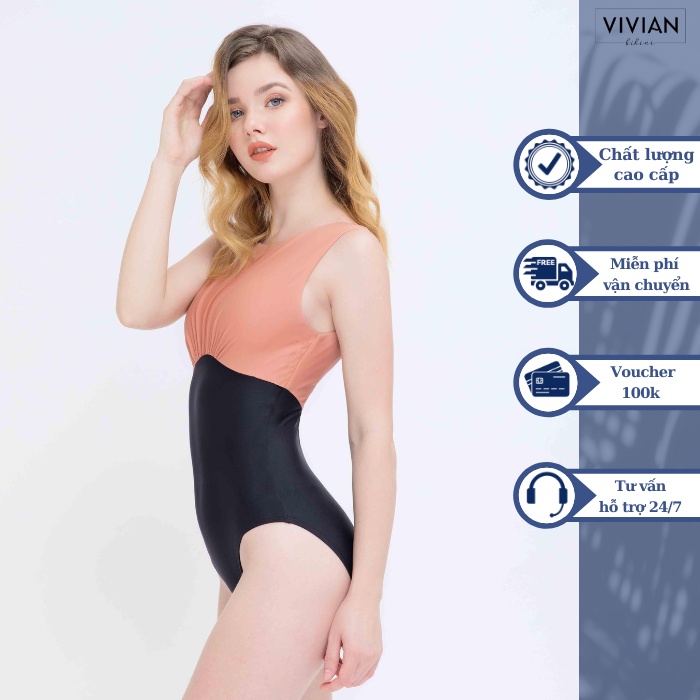 Đồ bơi nữ cao cấp 𝐕𝐈𝐕𝐈𝐀𝐍 dạng một mảnh 3 lỗ, đính nút - Hồng đào - VS072_PE