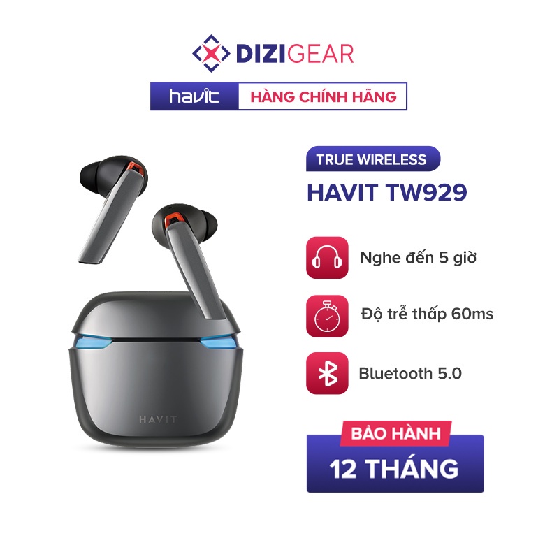 Tai Nghe TWS HAVIT TW929 BT 5.0, Độ Trễ Thấp 60ms, Kháng Nước IPX5, Thời Gian Nghe Đến 21h - Chính Hãng BH 12 Tháng
