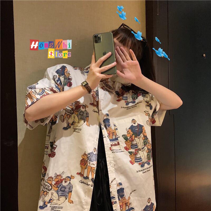 Áo Sơ Mi Họa Tiết Hoạt Hình Mario Tay Lỡ Dáng Rộng Ulzzang Unisex, Sơ Mi Đi Biển - MM