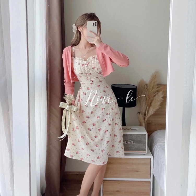 Set váy 2 dây cúp ngực, đầm hoa nhí kèm áo khoác cardigan dài tay chiết eo dáng dài freesize hàn quốc Ylydress C999