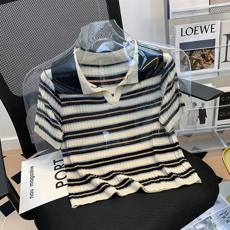 Áo Thun polo Họa Tiết Kẻ Sọc Phong Cách retro Thời Trang Mùa Hè Mới