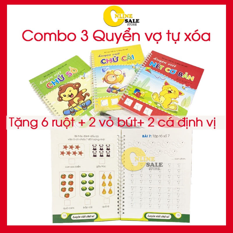 [THẦN KỲ] Bộ 3 tập vở luyện viết tự xóa chữ-số-nét cơ bản.Chuẩn tiếng việt.Tặng 2 cá định vị+ 6 ngòi bút+ 2vỏ bút