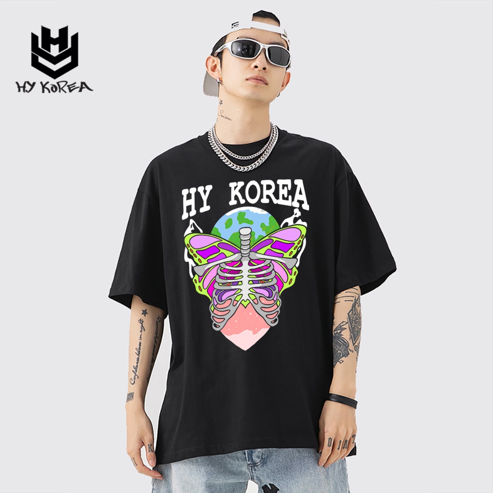 Áo Thun Tay Lỡ Form Rộng Unisex HY Korea Cotton 100 In Hình Xương Butterfly 514.
