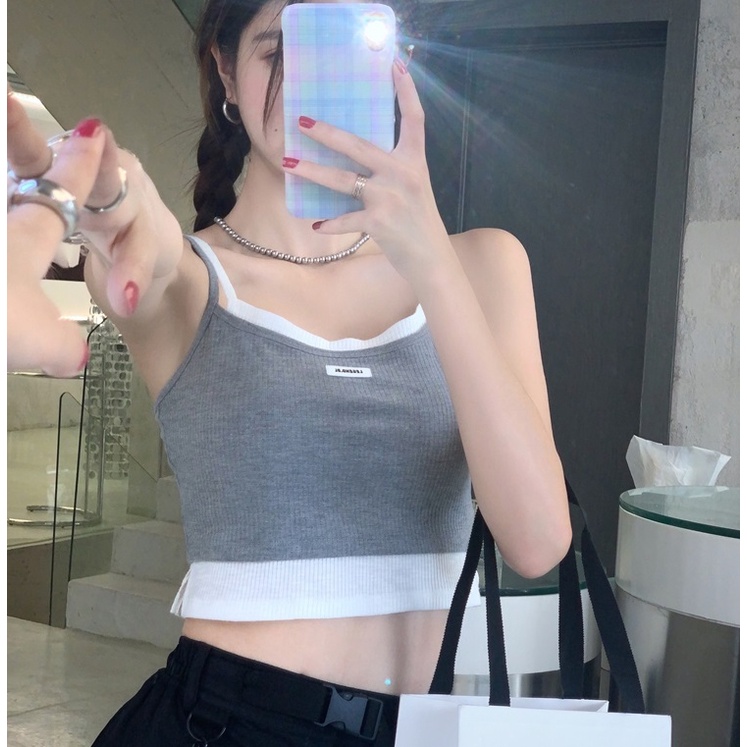 【ZHELIHANGFEI】Áo Dệt Kim Sát Nách Lưng Cao Giả Hai Lớp Cá Tính Thời Trang