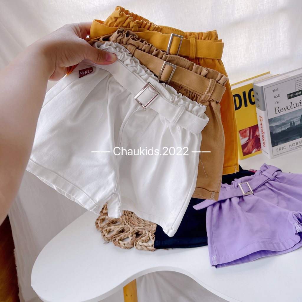Quần đùi bé gái, quần đùi kaki cạp cao kèm đai cho bé size 13- 26kg