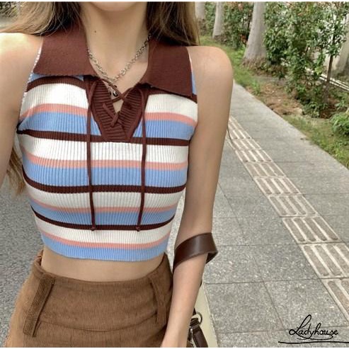Áo Croptop Hai Dây Dệt Kim Họa Tiết Kẻ Sọc Nhiều Màu Sắc Thời Trang Mùa Hè Cho Nữ