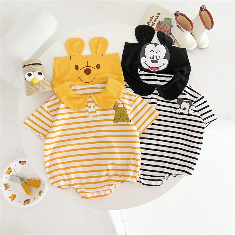 Bộ Áo Liền Quần Tay Ngắn Cổ Thủy Thủ In Hình Hoạt Hình Đáng Yêu Cho Bé Trai &amp; Gái Sơ Sinh 0-18 Tháng Tuổi