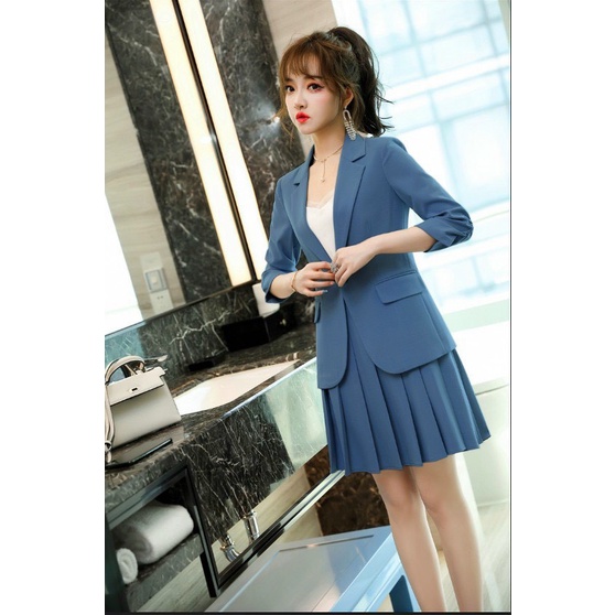Set Đầm Xếp Ly Phối Vest Cực Chất - Váy Đầm Xếp Ly Chân Váy Kết Hợp Áo Khoác Dáng Dài Cổ Vest Siêu Sang