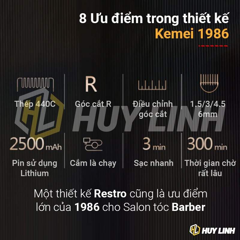 Kemei KM1986 - Tông đơ cao cấp chuyên dụng cho Salon tóc dung lượng pin lớn 2500Mah