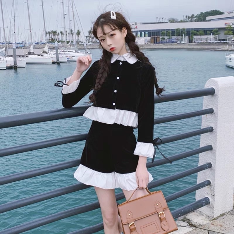 SALE XẢ HÀNG Thanh lý Set ulzzang nhung áo tay dài cổ bẻ+quần nhung pha voan nữ sinh ulzzang vintage retro đáng yêu