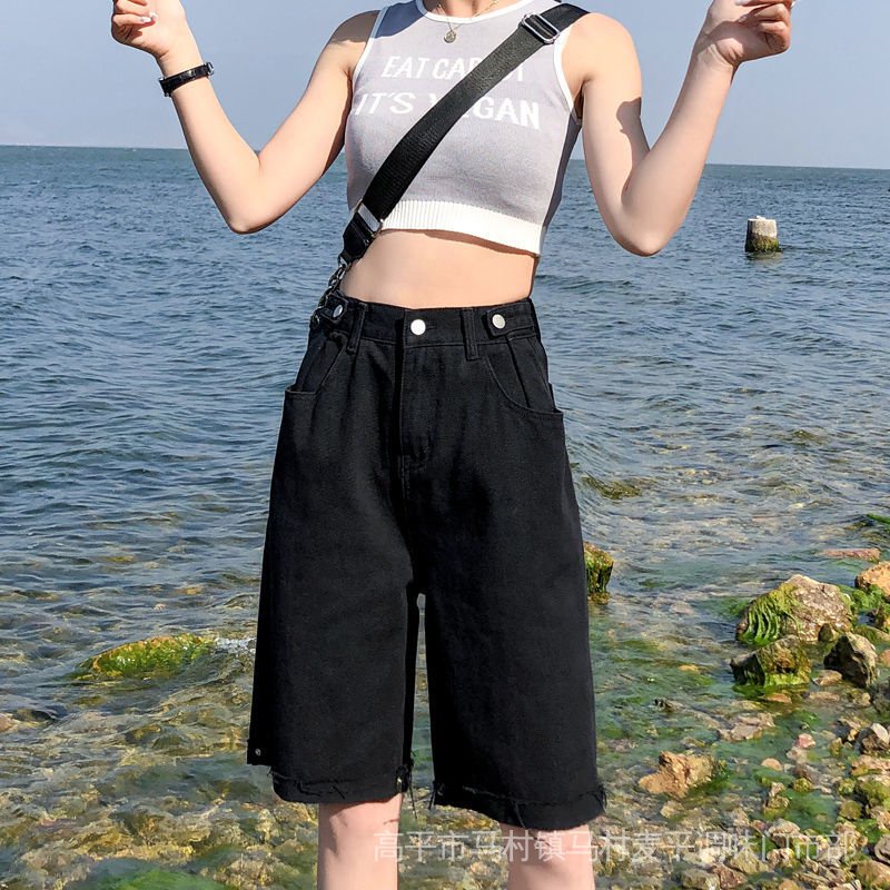 Quần Short Denim Màu Đen Dáng Rộng Lưng Cao Thời Trang Mùa Hè Phong Cách Hồng Kông Cho Nữ 2022