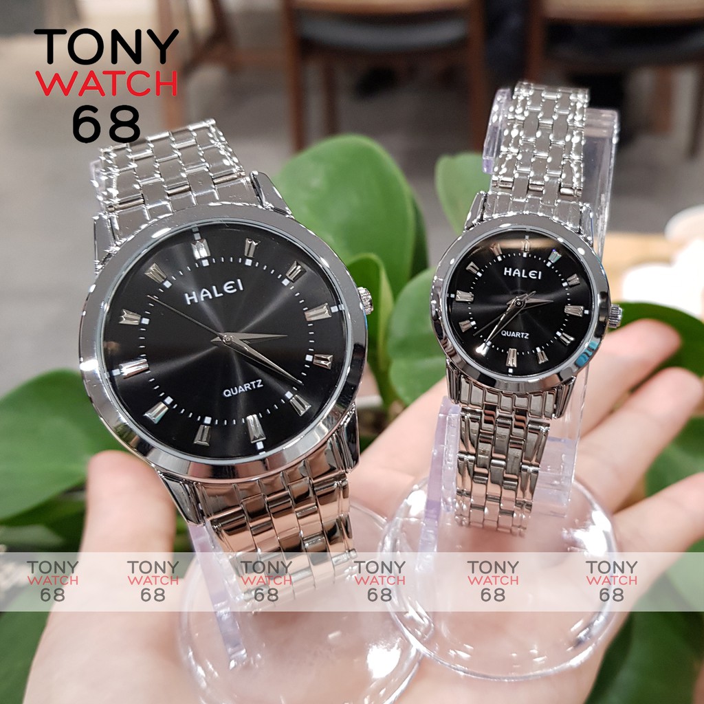 Đồng hồ cặp đôi nam nữ Halei đeo tay dây kim loại vàng bạc số vạch đơn giản chính hãng | BigBuy360 - bigbuy360.vn