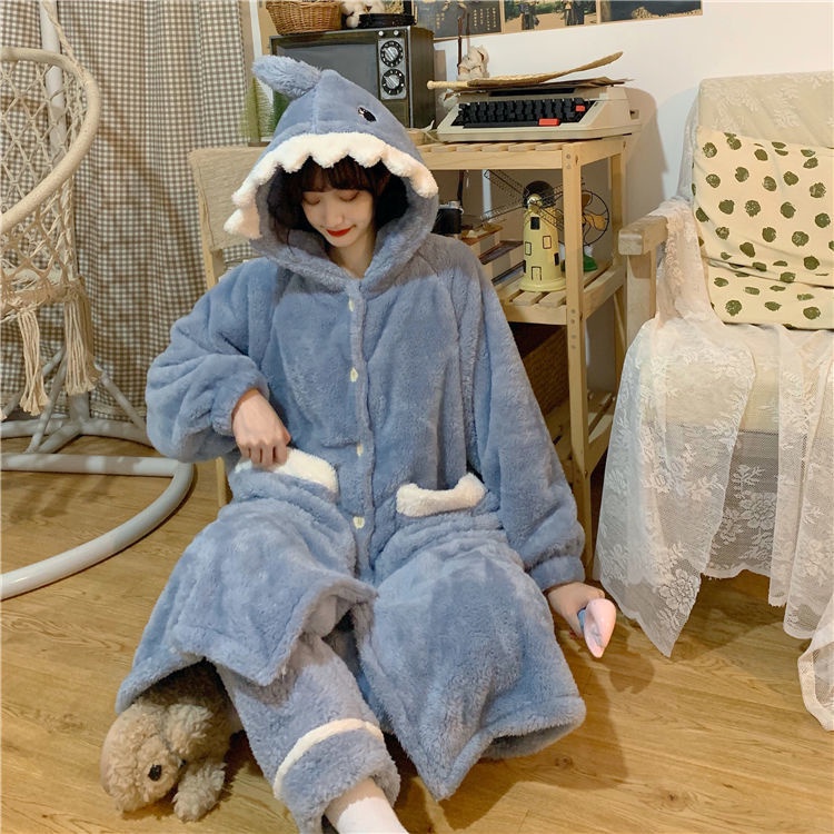 Bộ đầm ngủ + quần ngủ hình cá mập dễ thương thời trang mùa đông dành cho nữ (có bán lẻ)