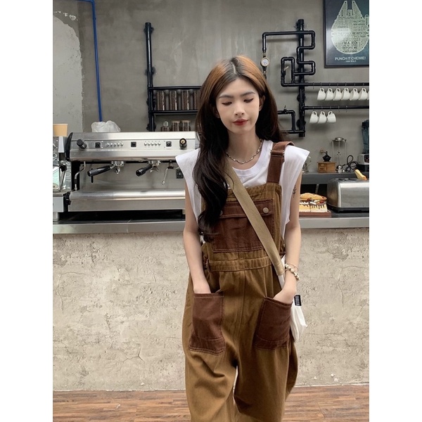 Quần yếm kaki unisex nam nữ dáng dài rộng màu nâu vintage phong cách Hàn quốc