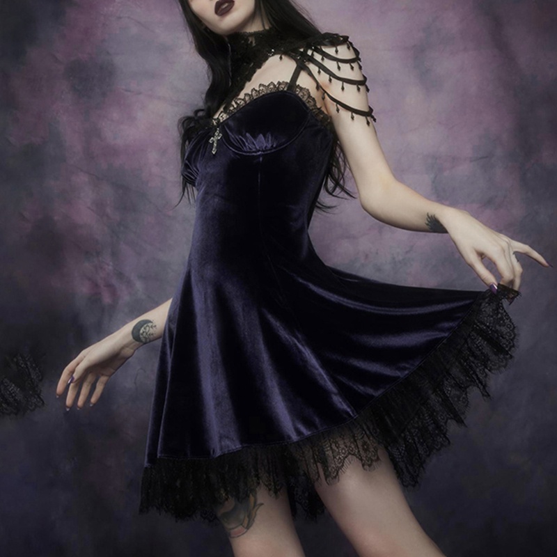 Đầm Nhung Mini Không Tay Phối Ren Phong Cách Gothic Punk Quyến Rũ Cho Nữ