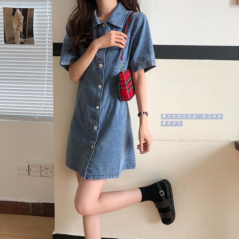 Đầm Denim Tay Ngắn Cổ Polo Phong Cách Hàn Quốc Cho Nữ