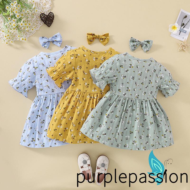 Set Đồ Mùa Hè 2 Món Gồm Đầm Tay Cộc Cổ Chữ V In Hoa Có Nút Cài + Kẹp Tóc Cho Bé Gái 6 Tháng Đến 4 Tuổi