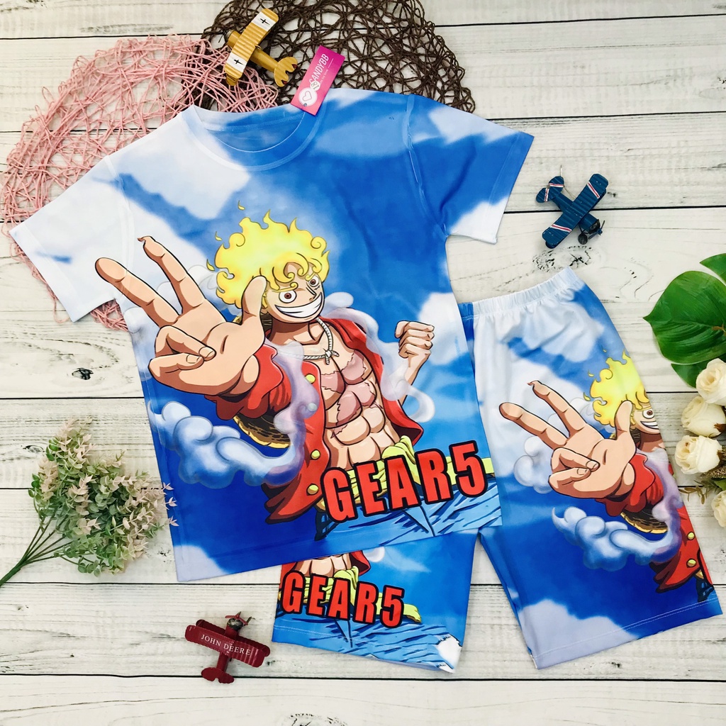 Bộ đồ thun lạnh cho bé, bộ cộc tay bé trai in hình Luffy thun mềm, mịn size đại từ 10 - 50kg