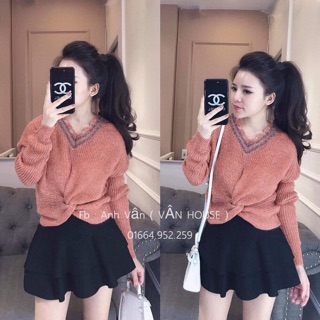 Áo len cổ tim xoắn bụng