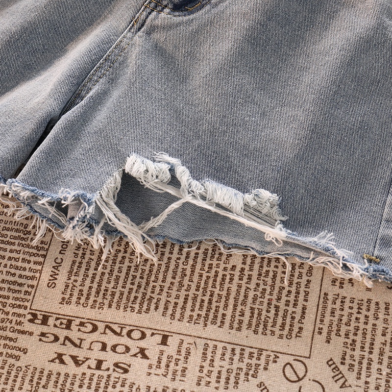 NUZIRO  Quần đùi  denim lưng cao ống rộng thiết kế rách cá tính thời trang dành cho nữ