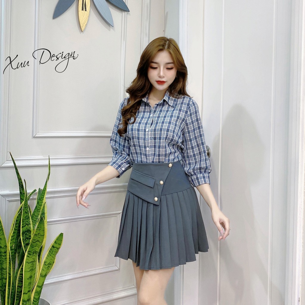 Áo sơ mi nữ công sở kẻ caro thiết kế tay lỡ XUU DESIGN Xu02