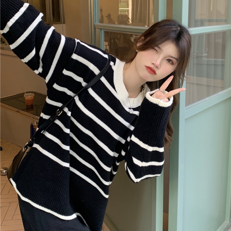 Áo Sweater Dệt Kim Dáng Rộng Kẻ Sọc Kiểu Hàn Quốc Thời Trang Mùa Thu Cho Nữ