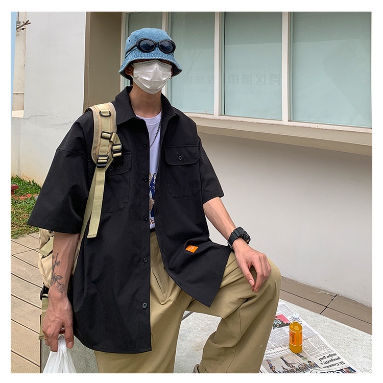 ♞AFF LIGA♞ Áo sơ mi tay ngắn màu trơn form rộng thời trang mùa hè phong cách Hàn Quốc trẻ trung cho nam