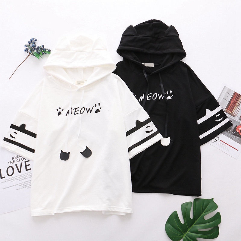 Áo Hoodie Thêu Hình Chân Mèo Phong Cách Harajuku Nhật Bản Thời Trang Mùa Hè Cho Nữ