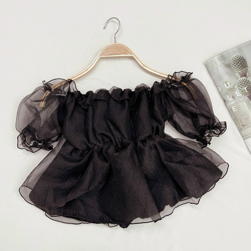 Áo kiểu nữ tay ngắn dễ thương, áo trễ vai h.àn quốc chất voan tơ 2 lớp bồng bềnh dày dặn - AO100 | BigBuy360 - bigbuy360.vn