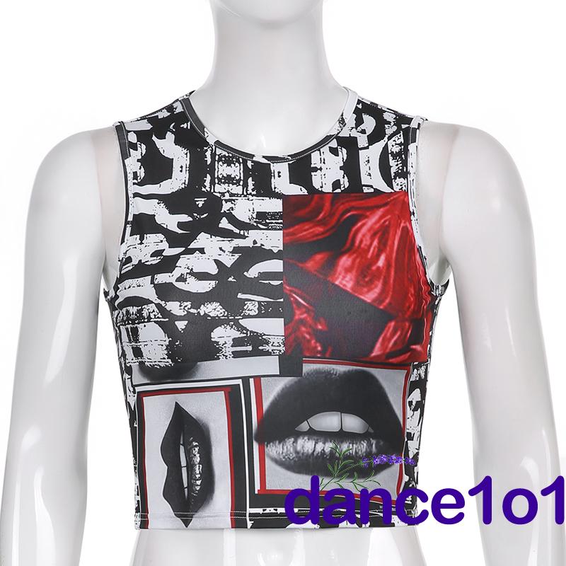 Áo thun không tay cổ tròn in hình đôi môi cho nữ