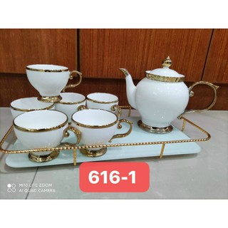 Bộ ấm chén sứ trắng khay viền vàng