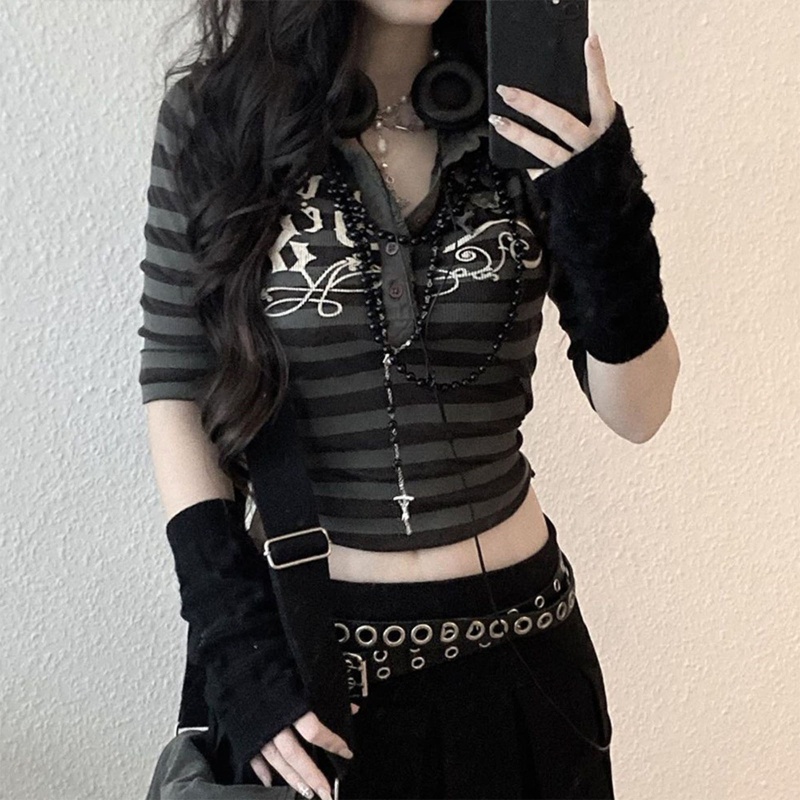 Áo Thun Lửng Cổ V Tay Lỡ Họa Tiết Kẻ Sọc Phong Cách Gothic Harajuku Cho Nữ