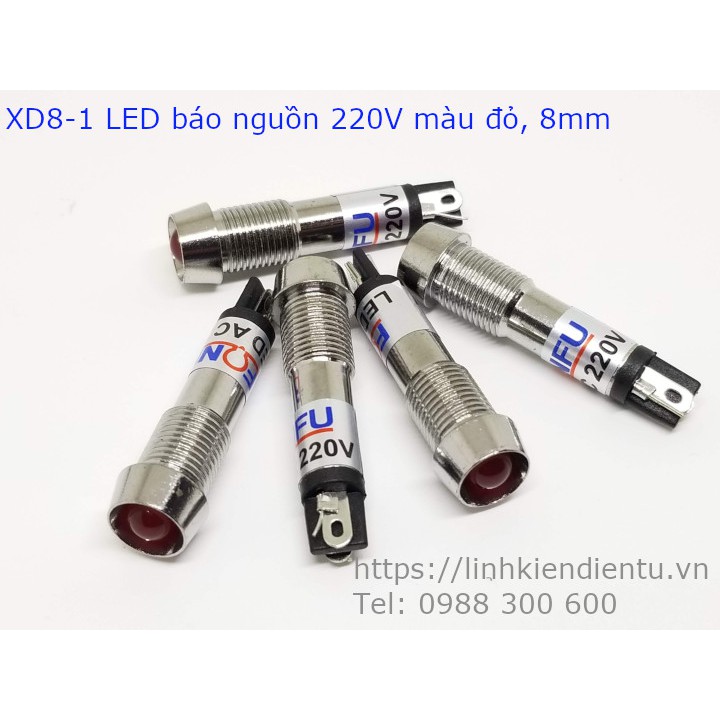 5 đèn LED báo nguồn XD8-1 vỏ inox 8mm, điện áp: 12v, 24v, 220v, màu sắc: xanh, đỏ, vàng