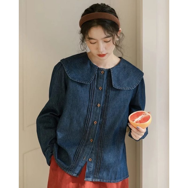 ÁO SƠ MI DENIM CỔ SEN RETRO FORM RỘNG PHONG CÁCH HÀN QUỐC