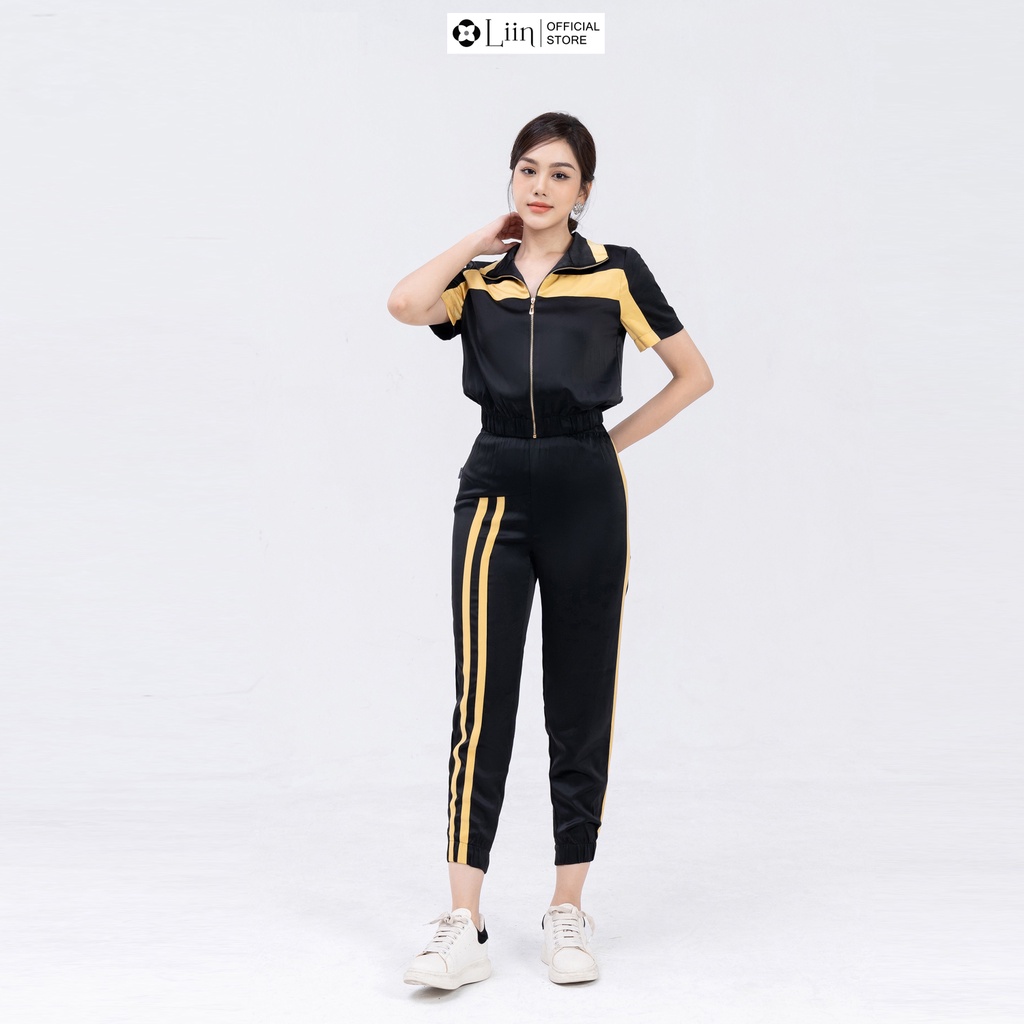 Set thể thao linbi cộc tay thiết kế kéo khóa đen phối vàng kiểu dáng năng động liin clothing ST0004