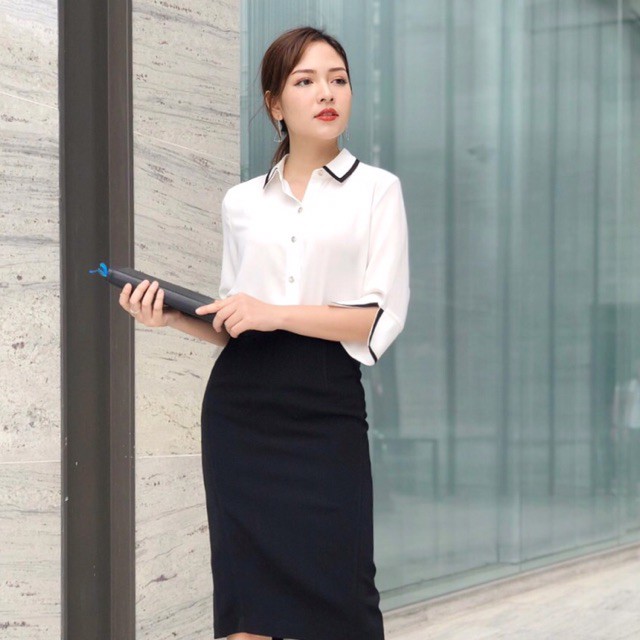 Áo sơ mi công sở nữ viền cổ tay xẻ chất lụa habutai mềm mịn (Ảnh thật) (Cam kết hàng y hình) kbtt