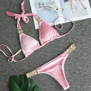 Bikini hồng  vải nhung đính đá dễ thương