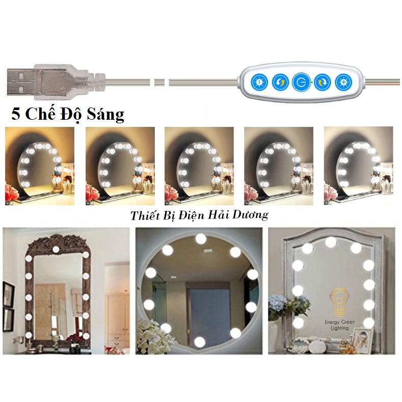 Set 10 bóng đèn LED chiếu sáng gương trang điểm BL-030 - Dán gương tiện lợi - 5 chế độ sáng - Tăng giảm ánh sáng